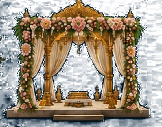 Floral wedding mandap with drapes and gold pillars