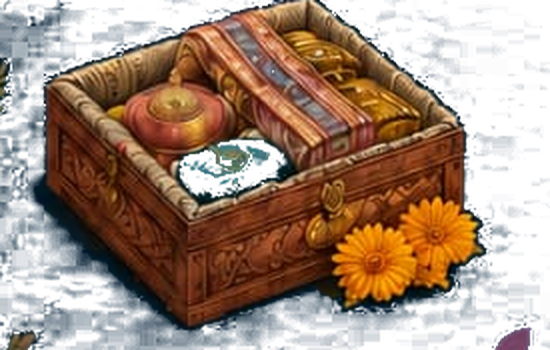 Carved wooden chest with gift offerings and marigolds