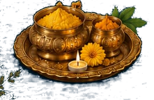 Brass puja thali with turmeric, pots and a lit diya